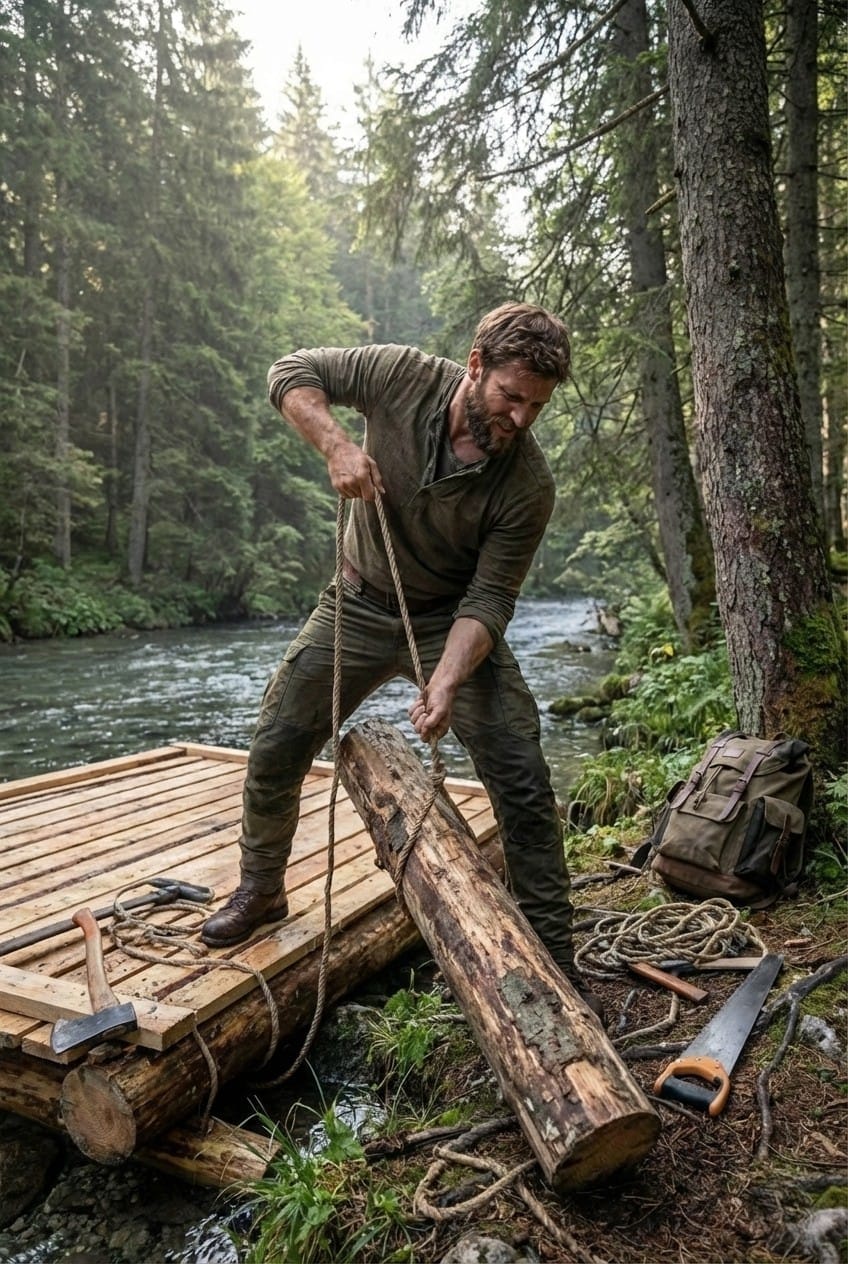 Mann baut ein Floss mit seinen eigenen Händen und ist in der Natur an einem Fluss